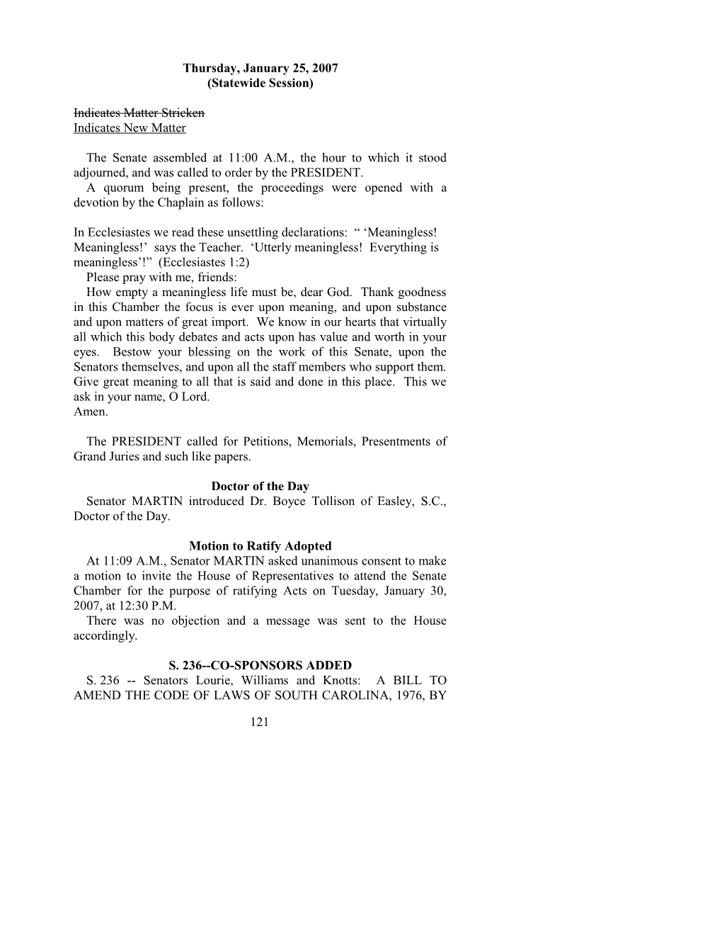 Senate Journal for Jan. 25, 2007 - South Carolina Legislature Online