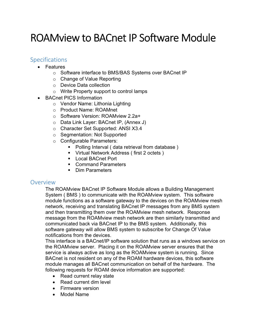 Roamview to Bacnet IP Software Module