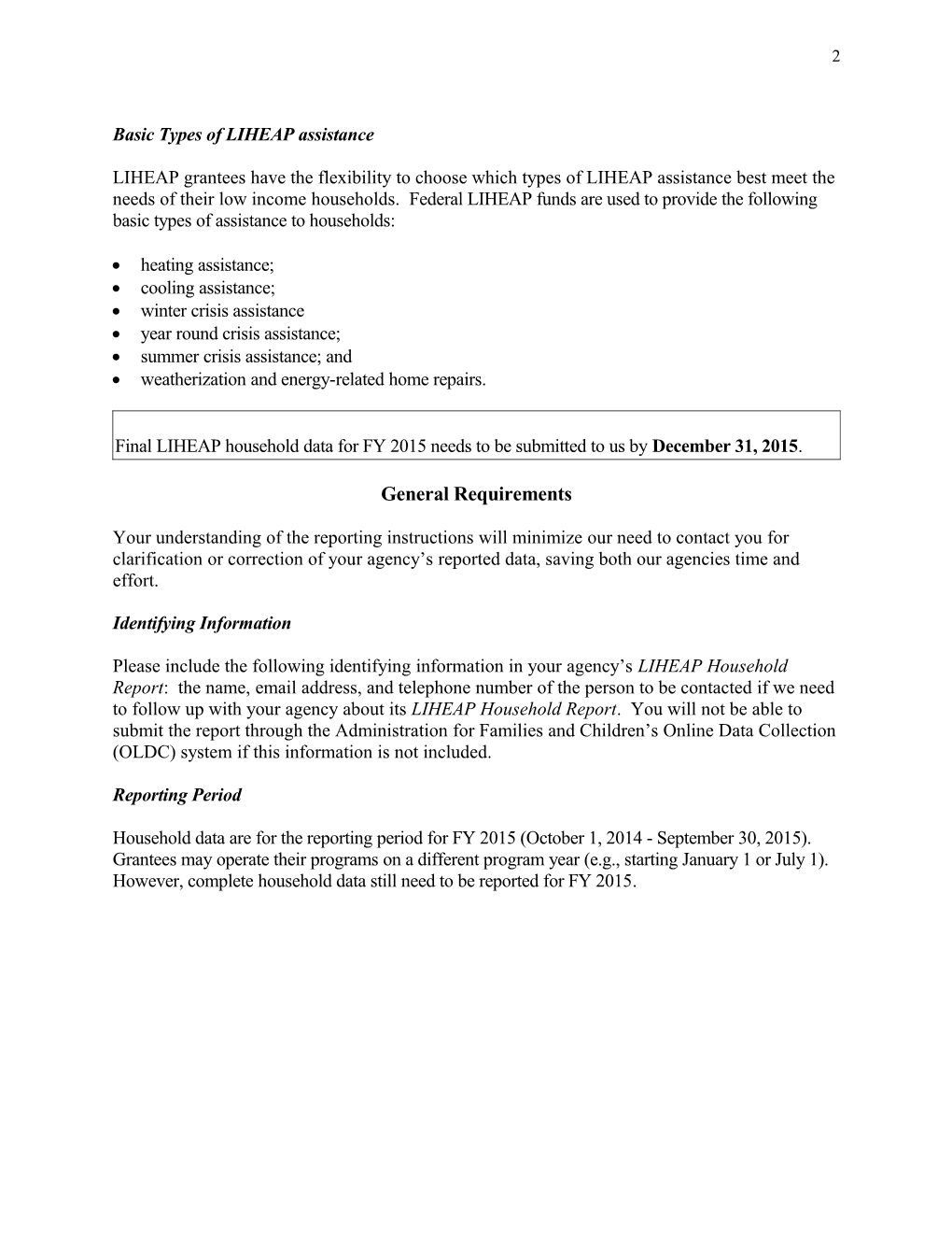 Federal LIHEAP Household Report Reporting Requirements