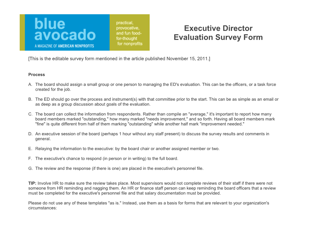 This Is the Editable Survey Form Mentioned in the Article Published November 15, 2011