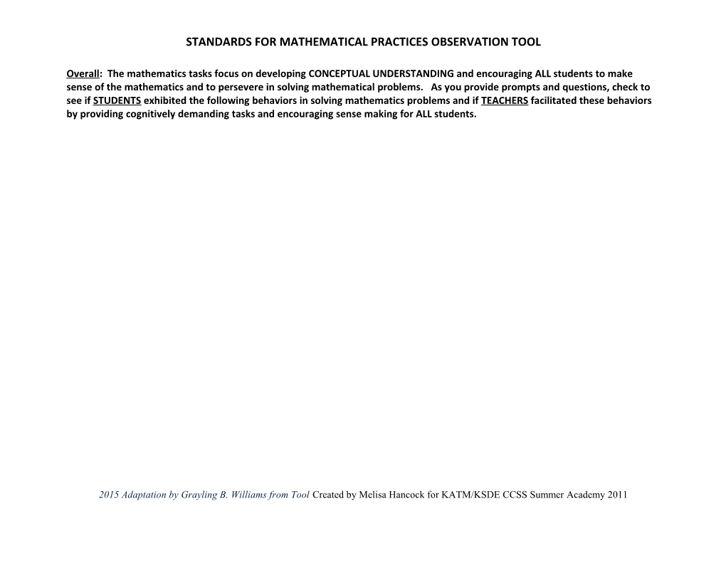 Standards for Mathematical Practices Observation Tool