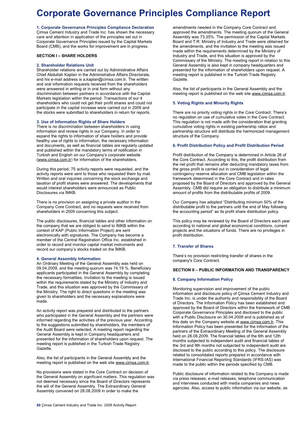 Corporate Governance Principles Compliance Report