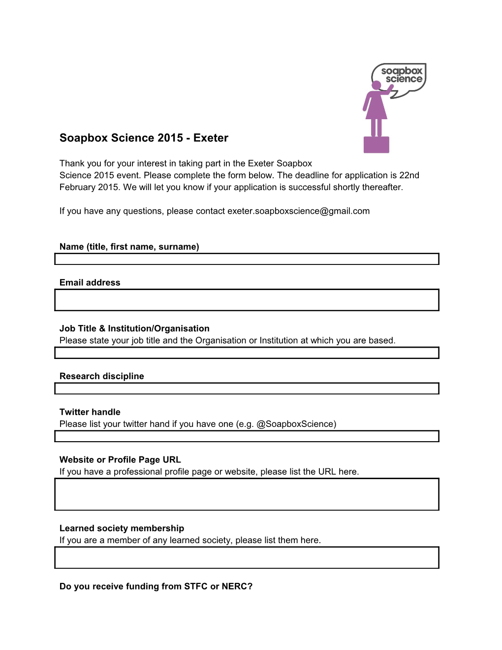 Speaker Application Form/Soapbox Science 2015 - Exeter