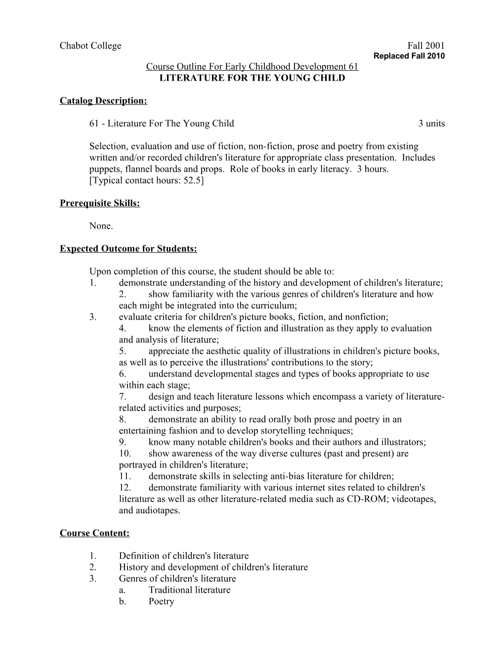 Course Outline for ECD 61, Page 1