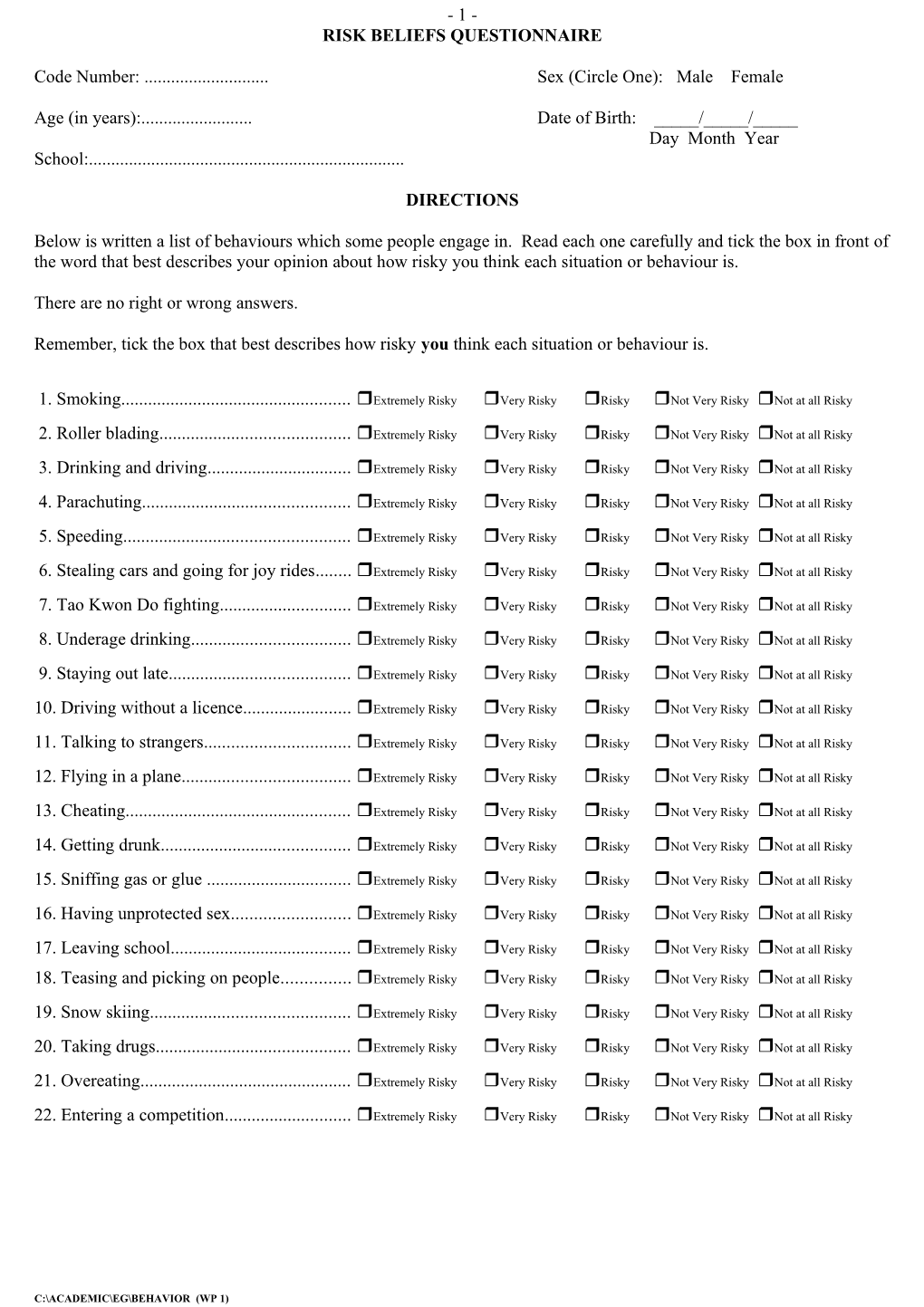 Risk Beliefs Questionnaire