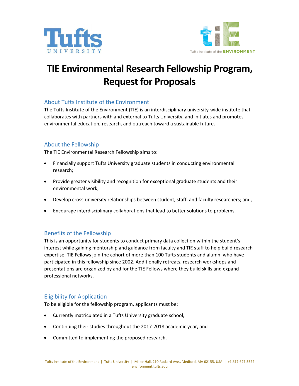 TIE Environmental Research Fellowship Program, Request for Proposals
