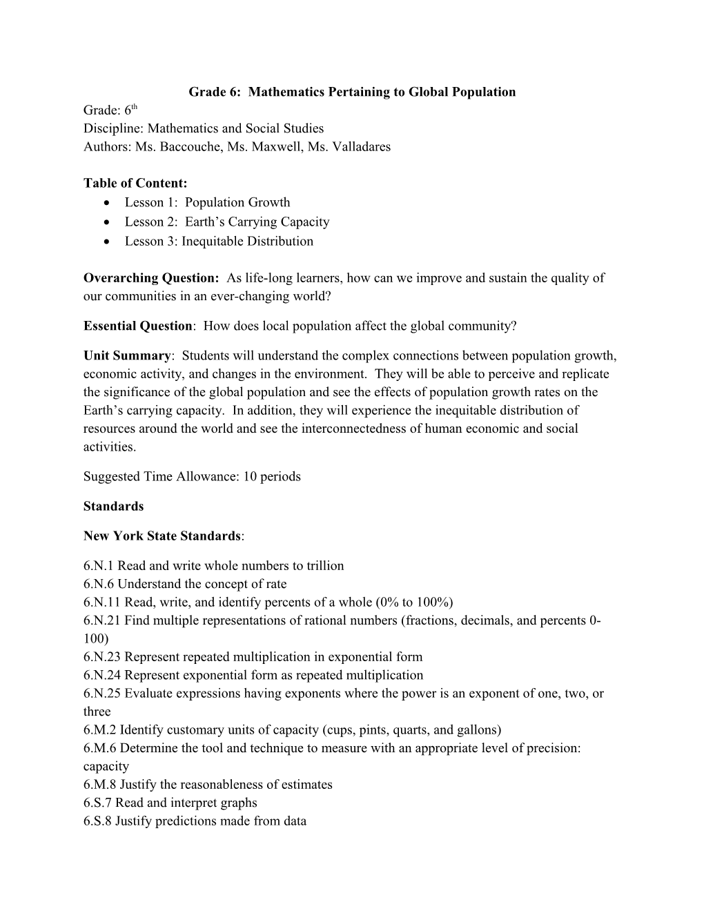 Grade 6: Mathematics Pertaining to Global Population