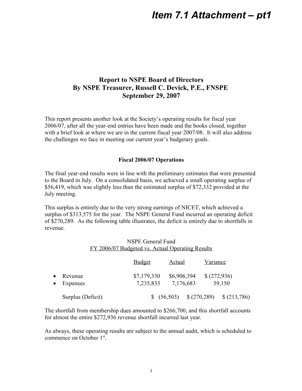 Report to NSPE Board of Directors