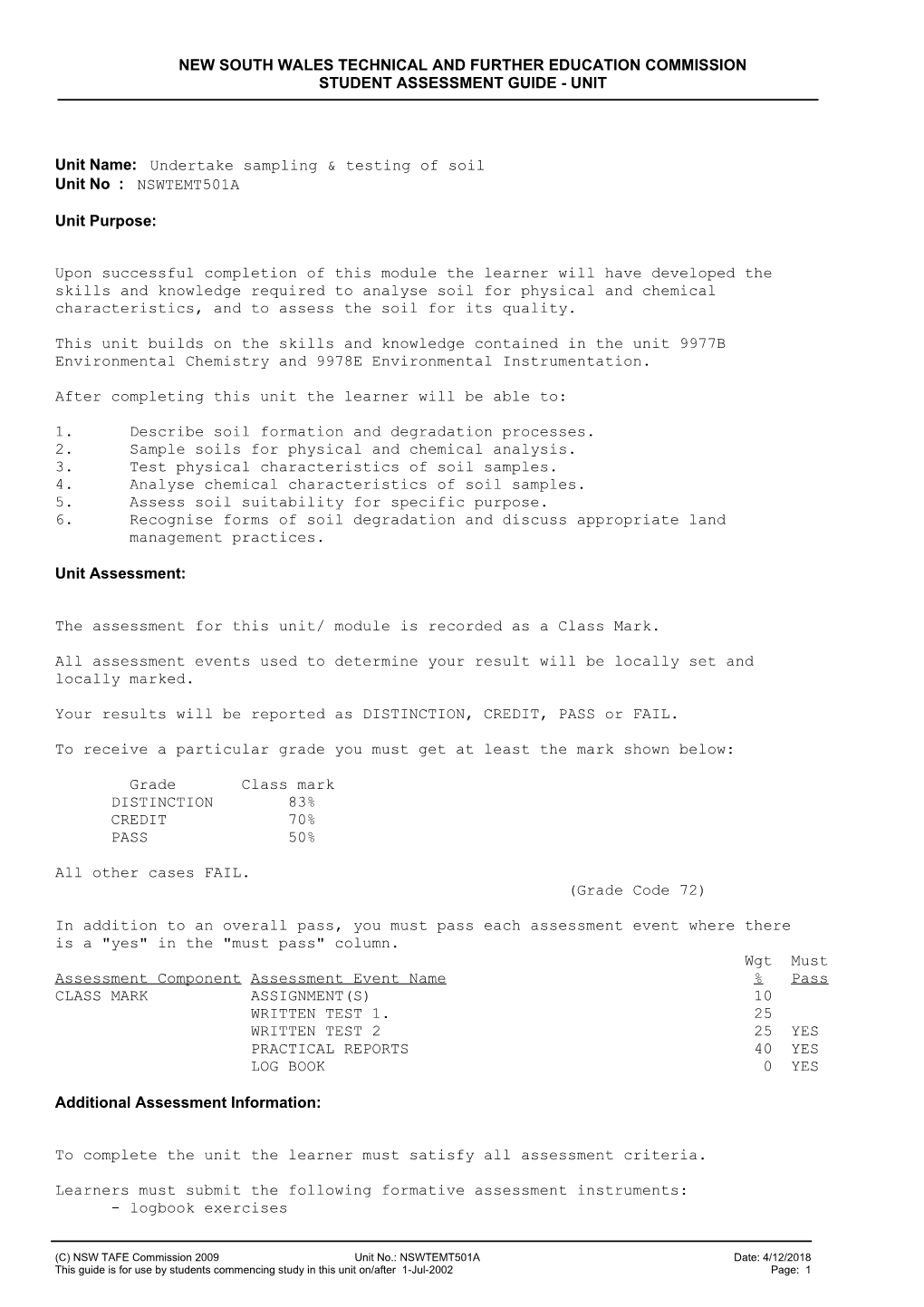 New South Wales Technical and Further Education Commission Student Assessment Guide - Unit