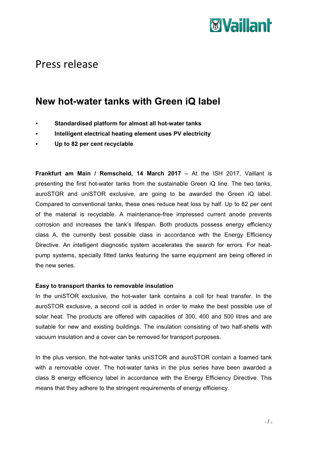 New Hot-Water Tanks with Green Iq Label