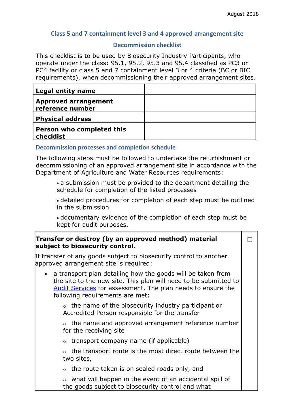 Decommission Checklist for Classes 5.3, 7.3, 5.4 and 7.4 AA Sites