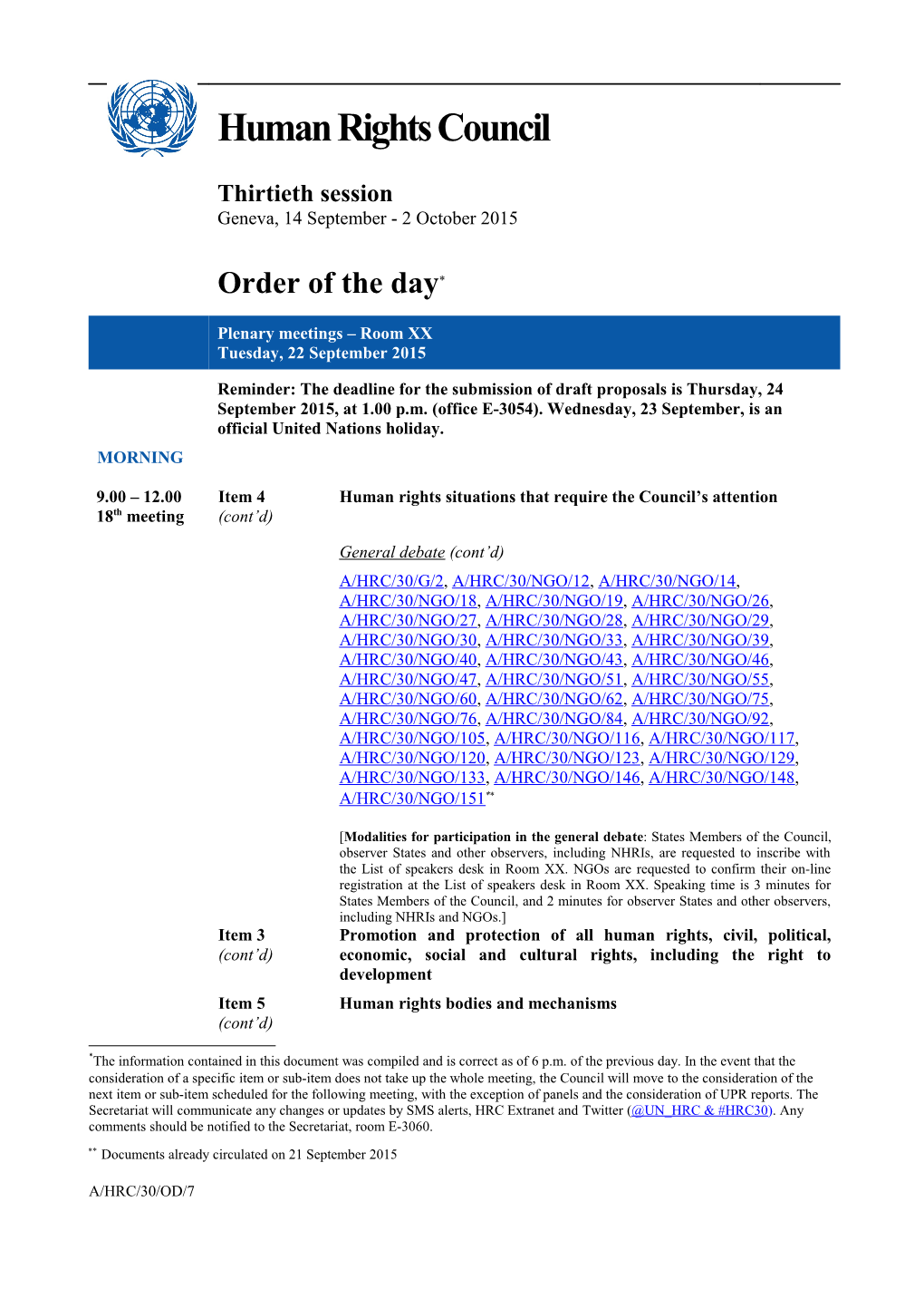 Tuesday, 22 September 2015, Order of the Day