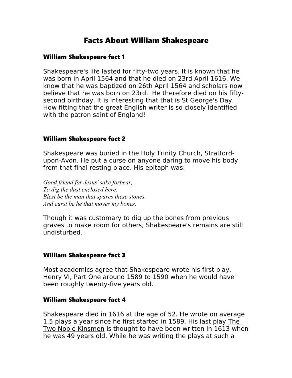 Facts About William Shakespeare