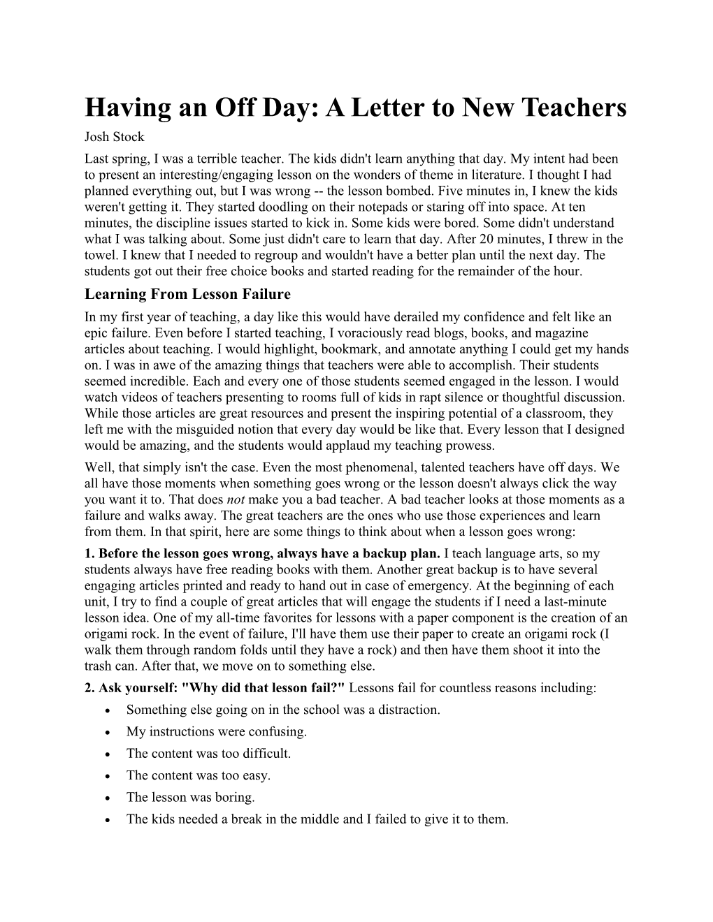 Having an Off Day: a Letter to New Teachers