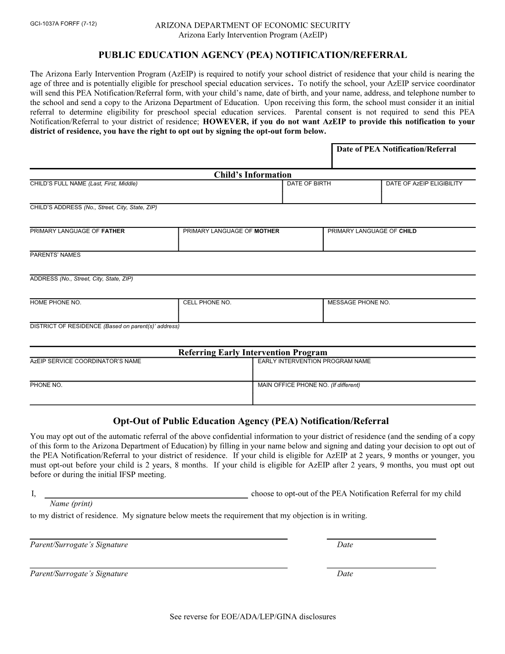 Public Education Agency (Pea) Notification/Referral