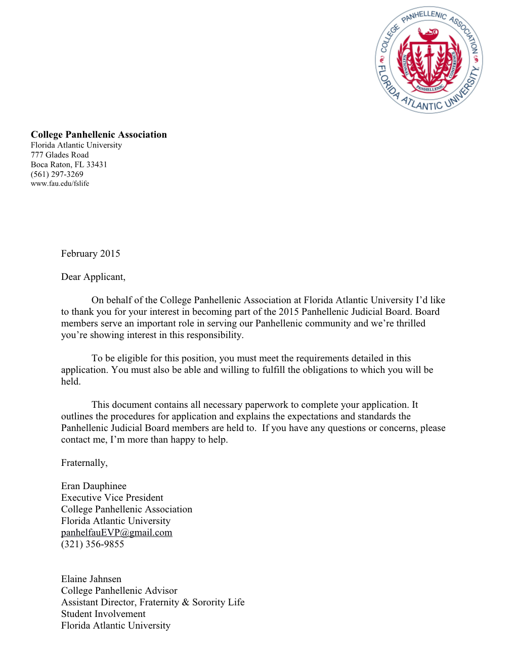 College Panhellenic Association2015judicial Board Application