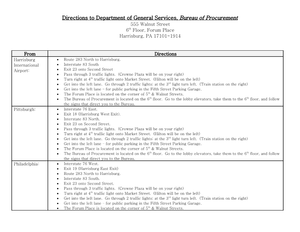 Directions to Department of General Services, Bureau of Procurement