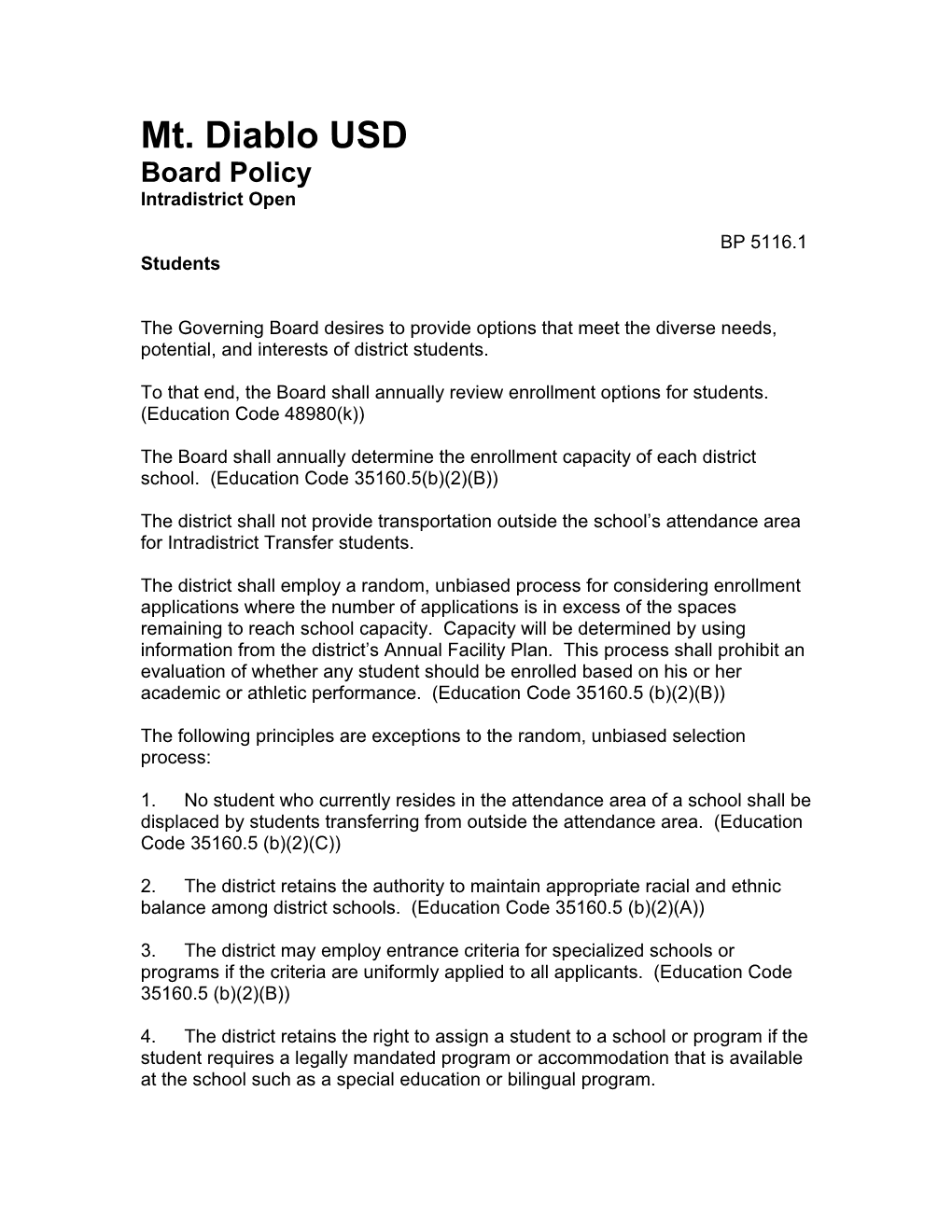 Mt. Diablo USD Board Policy Intradistrict Open