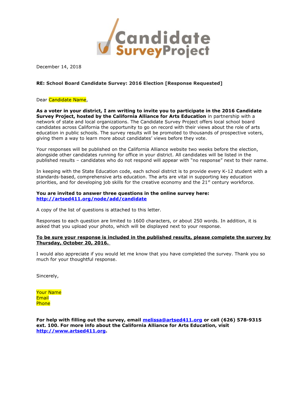 RE: School Board Candidate Survey: 2016 Election Response Requested