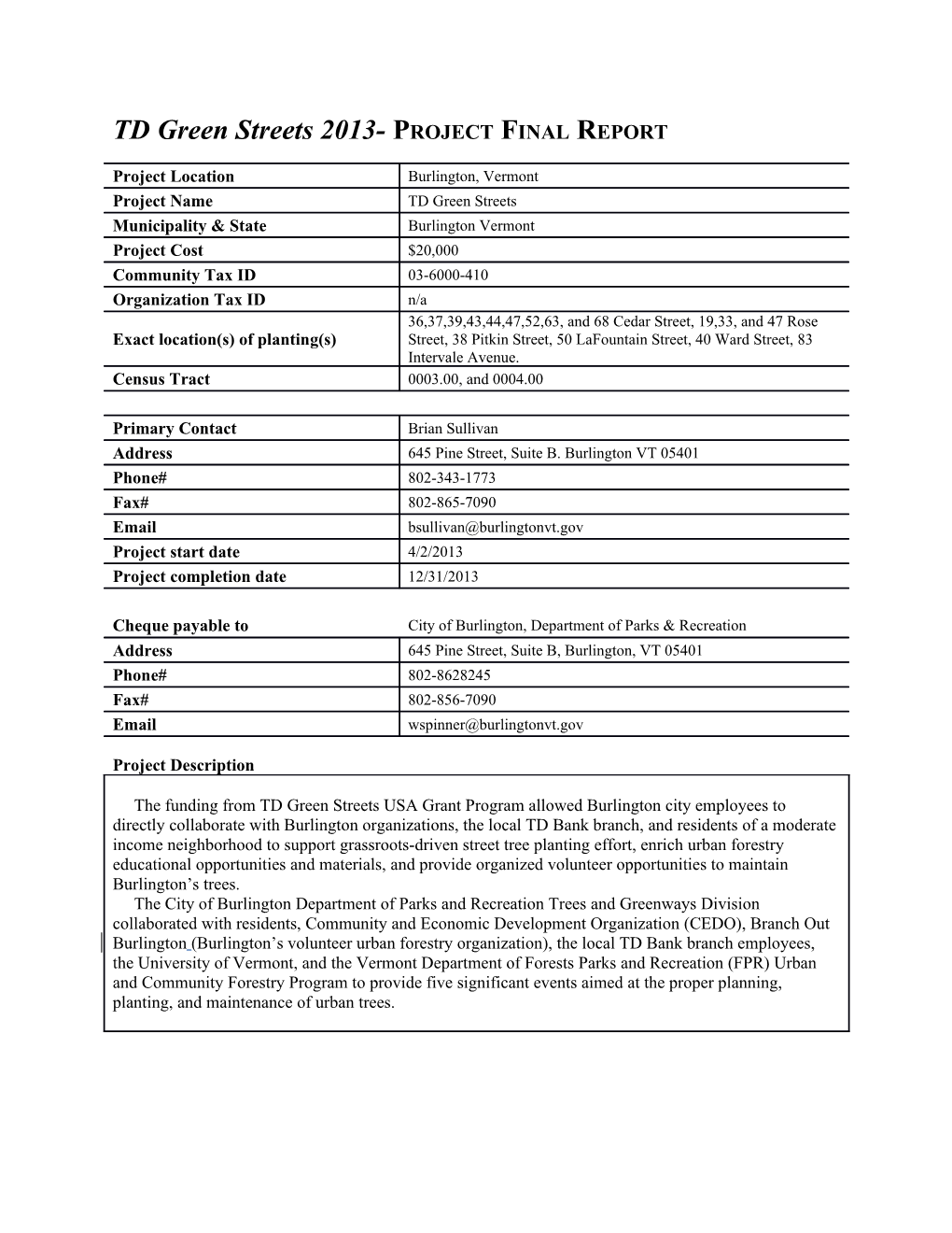 TD Green Streets 2013- Project Final Report