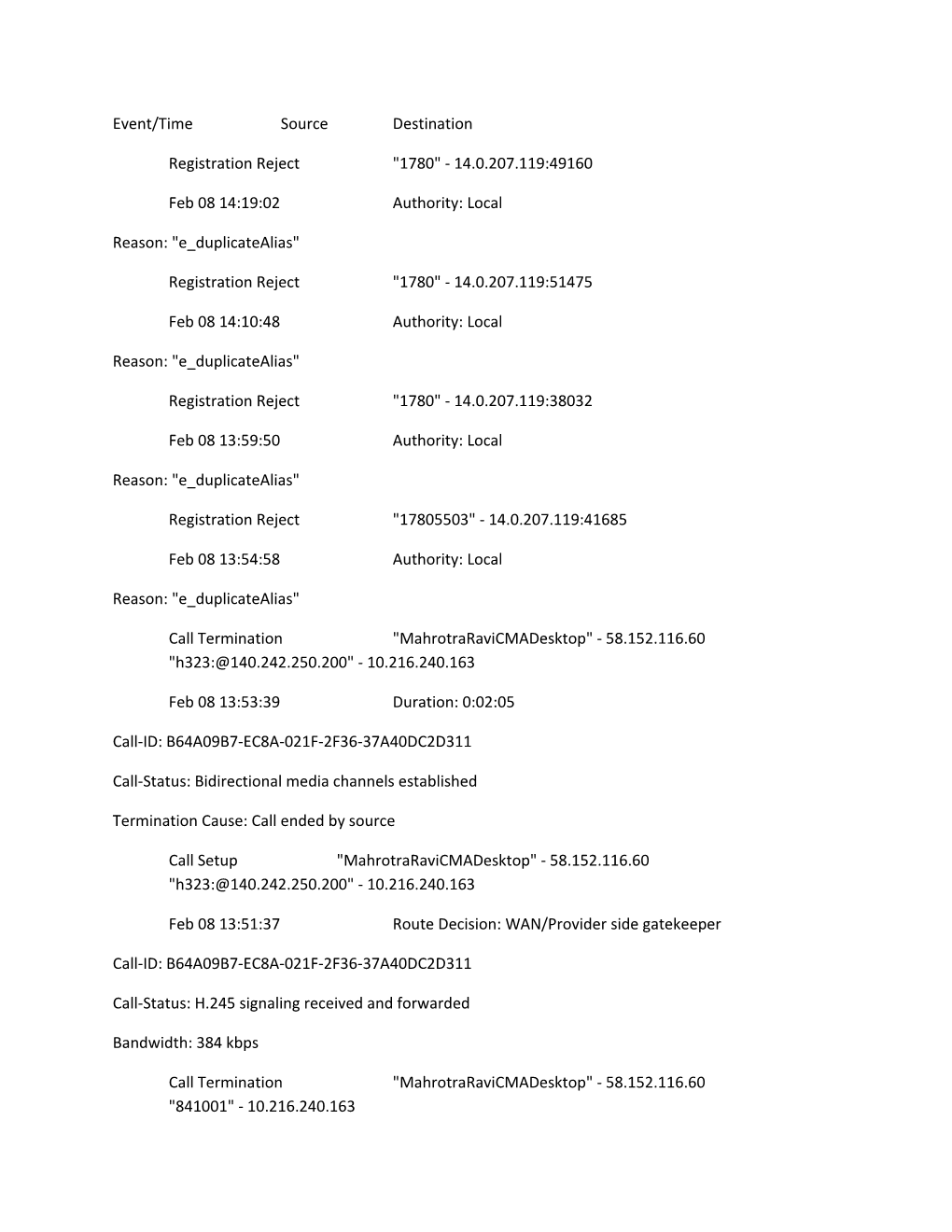 Event/Time Source Destination