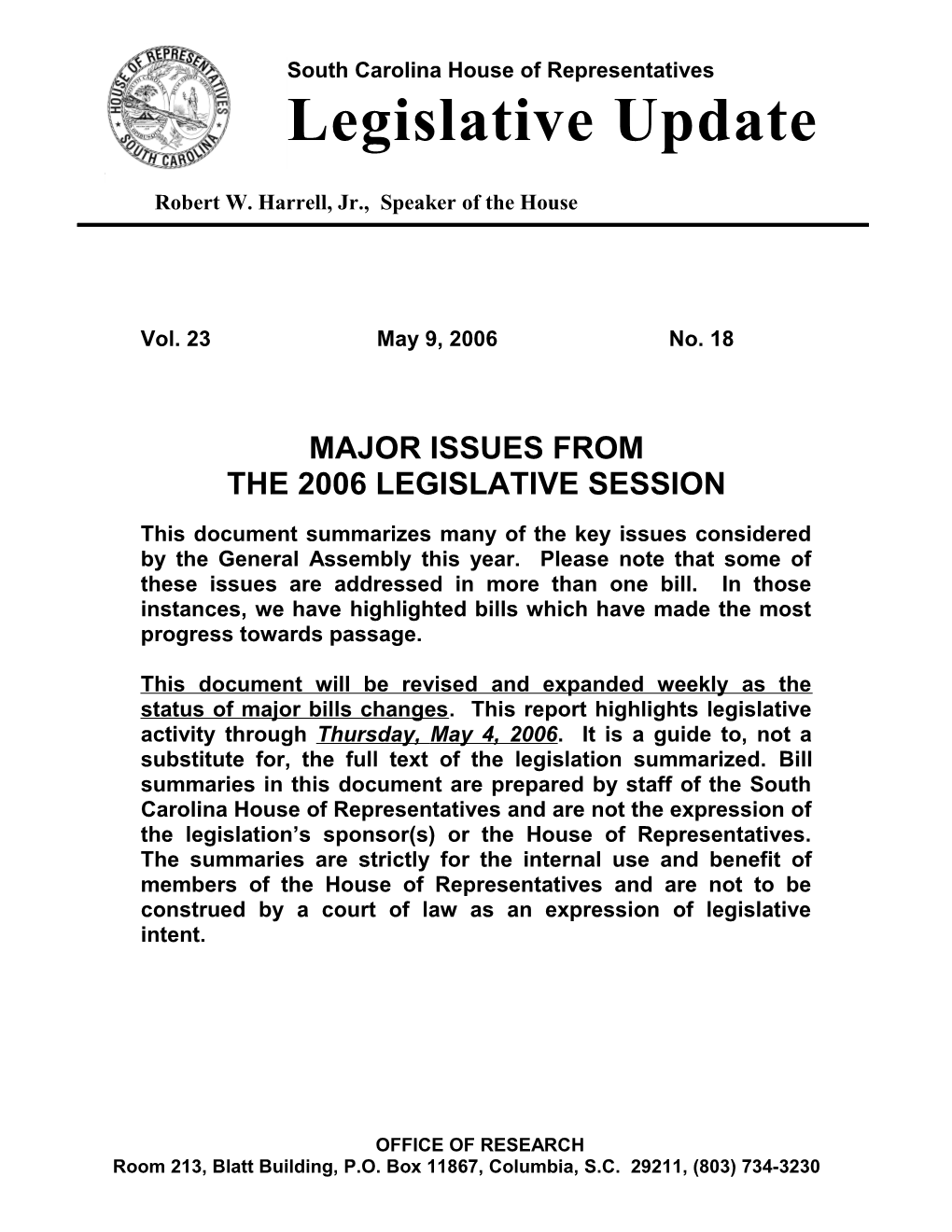 Legislative Update - Vol. 23 No. 18 May 9, 2006 - South Carolina Legislature Online