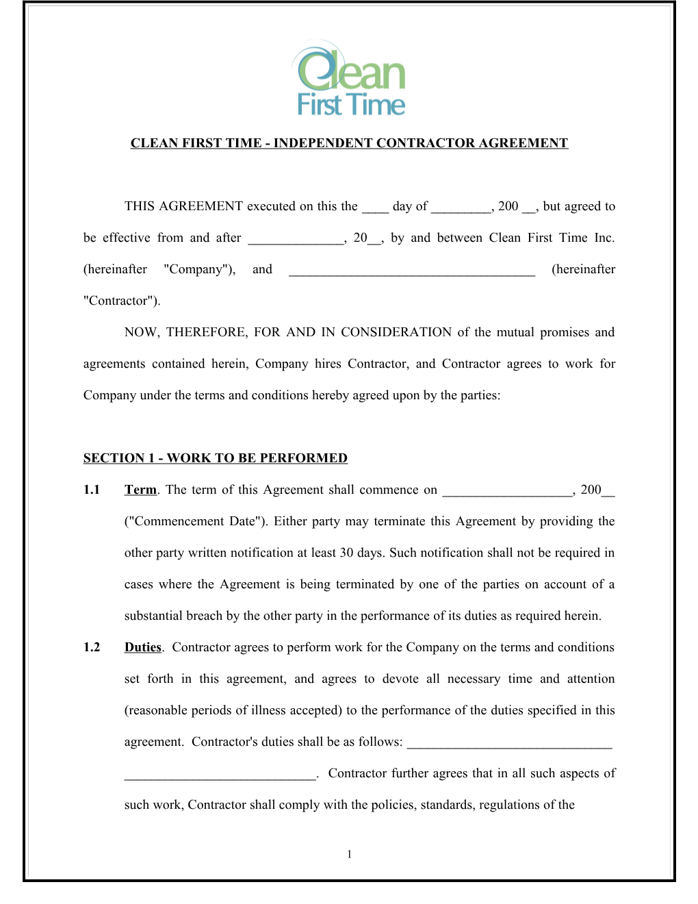 Clean First Time - Independent Contractor Agreement