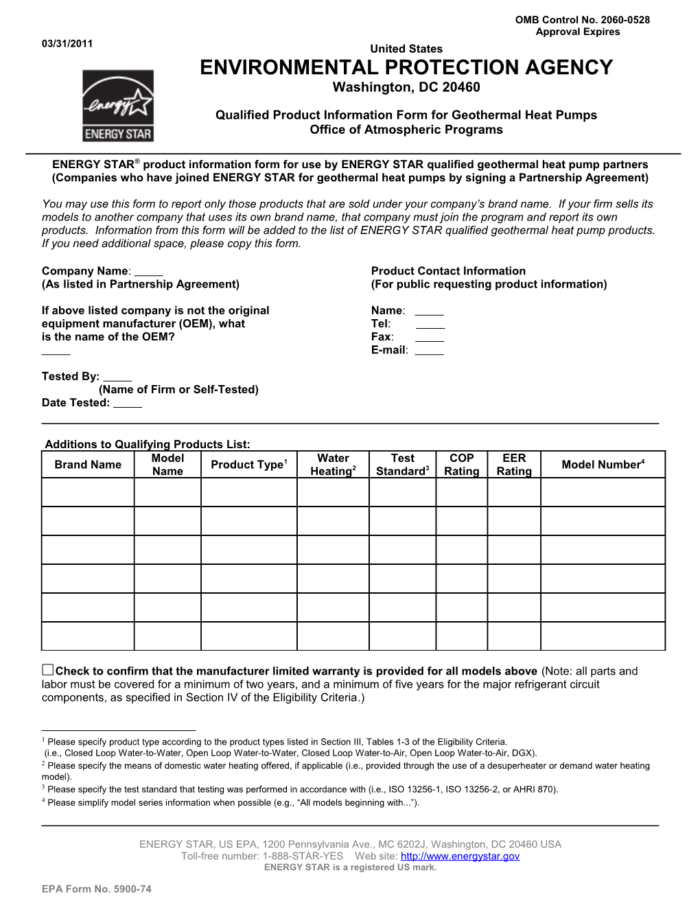 Qualified Product Information Form for Geothermal Heat Pumps