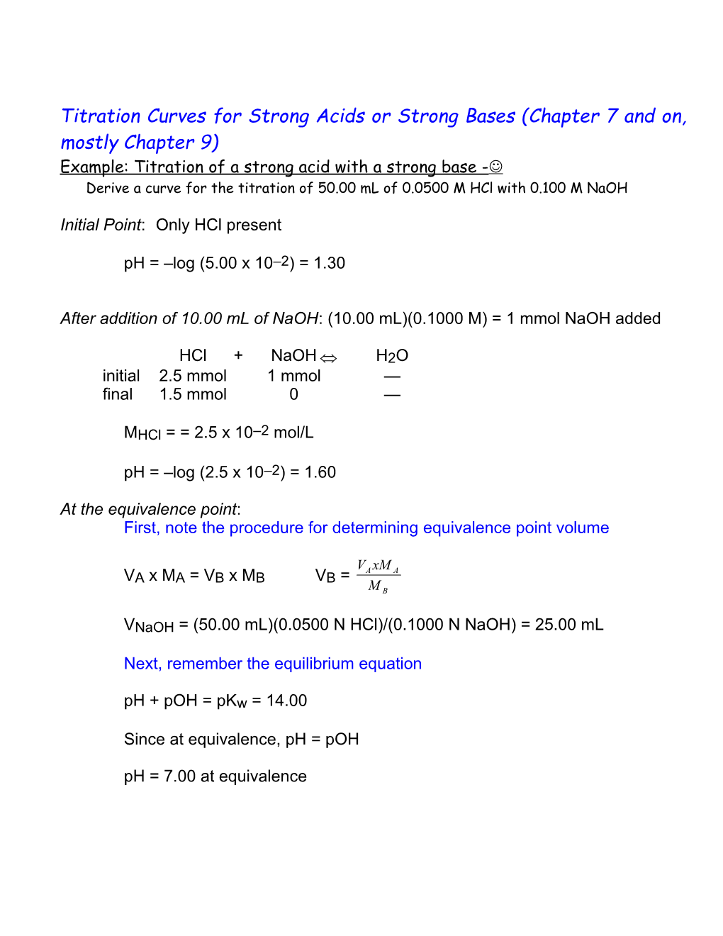 Titration Curves for Strong Acids Or Strong Bases (Chapter 7 and On, Mostly Chapter 9)