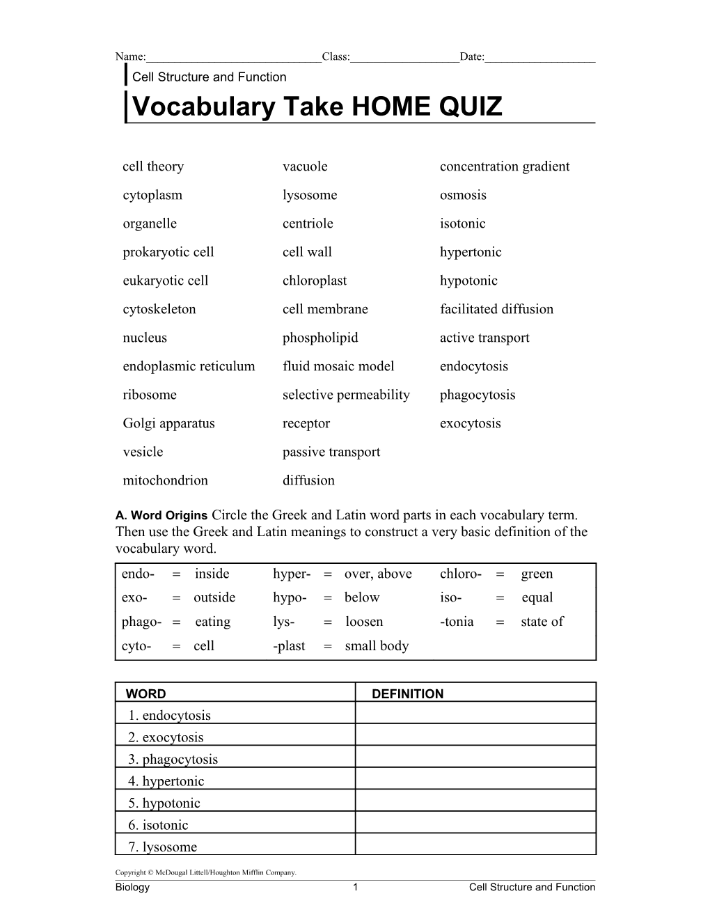 Vocabulary Take HOME QUIZ