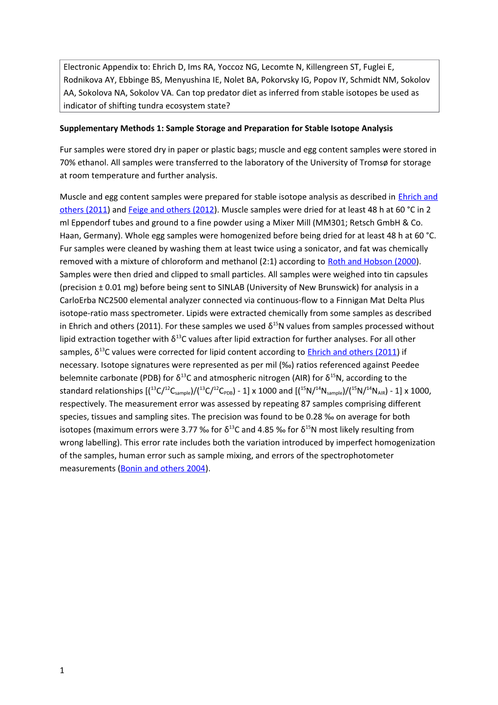 Supplementary Methods 1: Sample Storage and Preparation for Stable Isotope Analysis