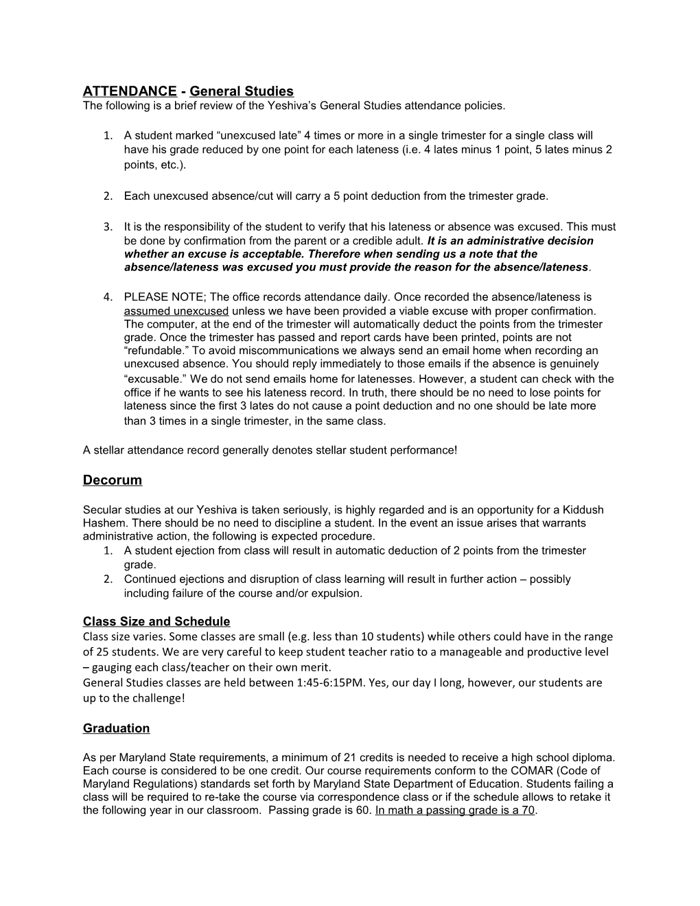 ATTENDANCE - General Studies