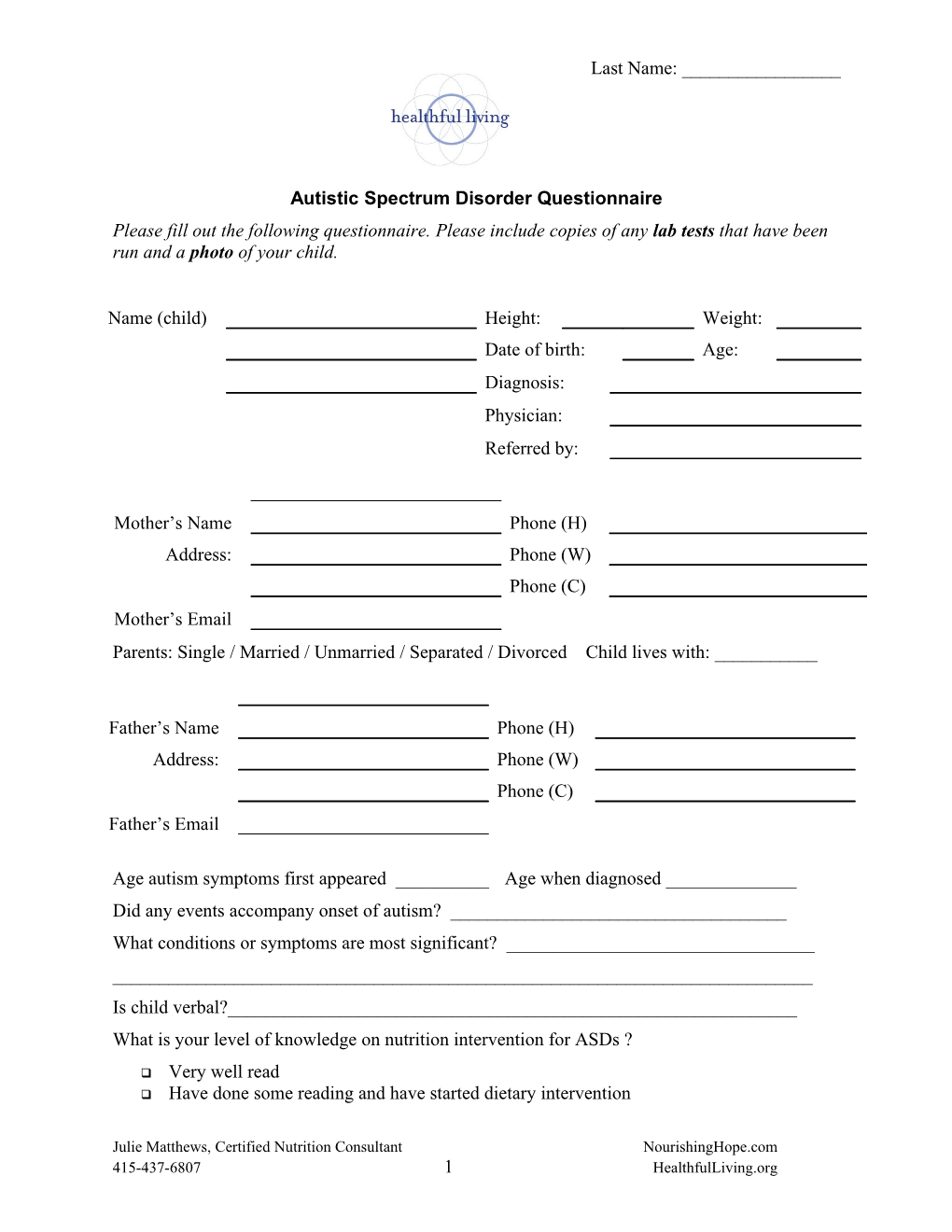 Autistic Spectrum Disorder Questionnaire