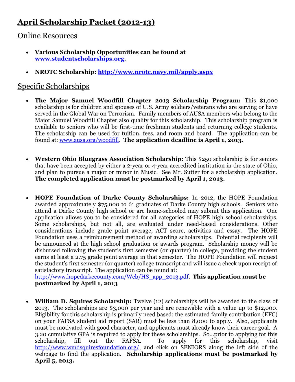April Scholarship Packet (2012-13)