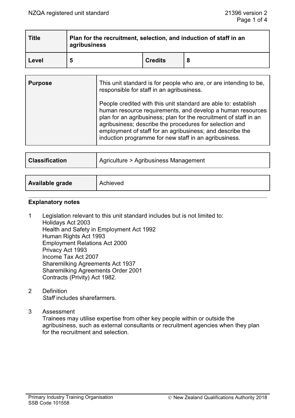 21396 Plan for the Recruitment, Selection, and Induction of Staff in an Agribusiness