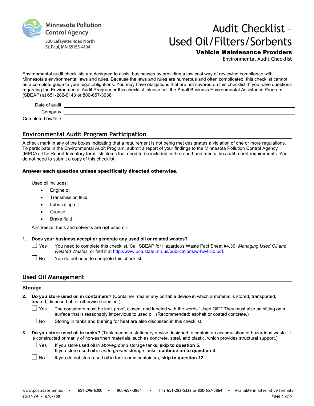 Audit Checklist - Used Oil/Filters/Sorbents - Form