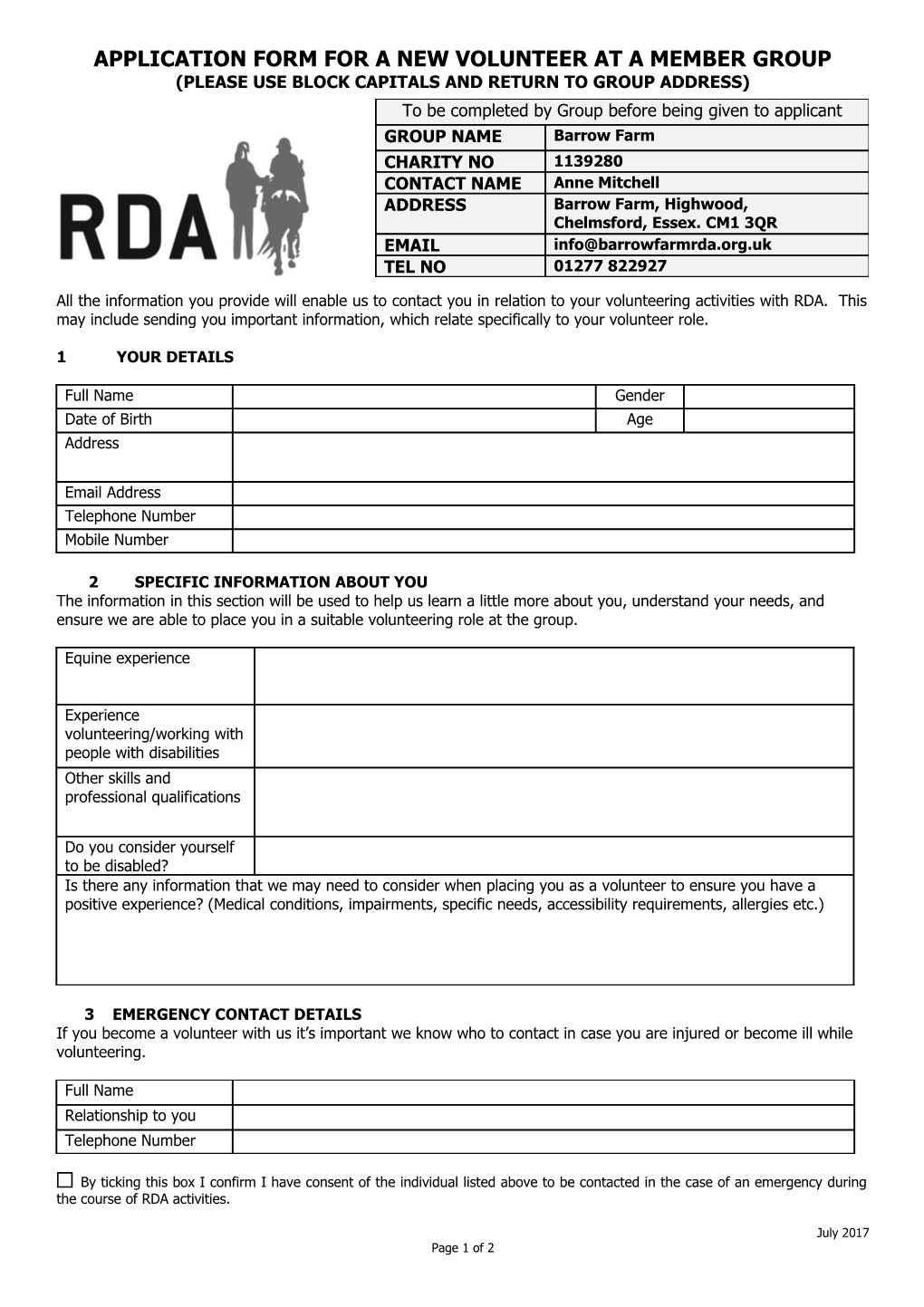 Application Form for a New Volunteer at a Member Group