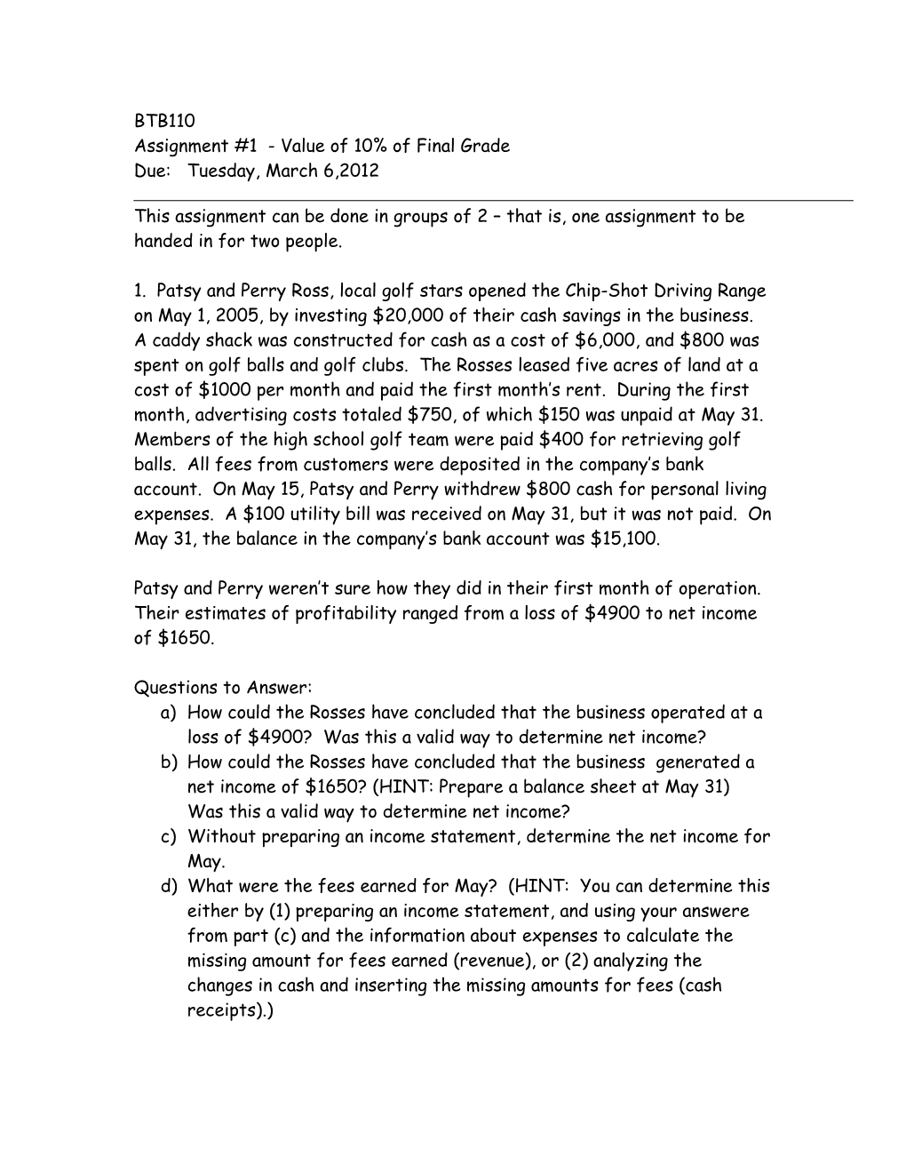 Assignment #1 - Value of 10% of Final Grade