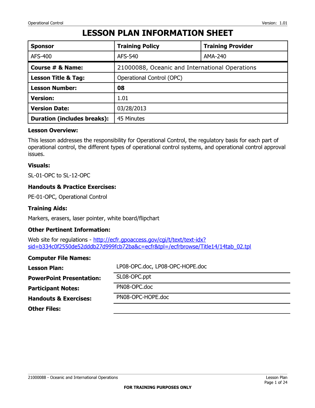 OPC Lesson Plan Information Sheet