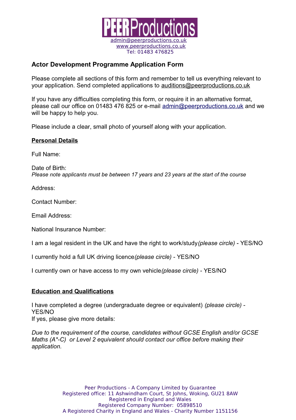 Actor Development Programme Application Form