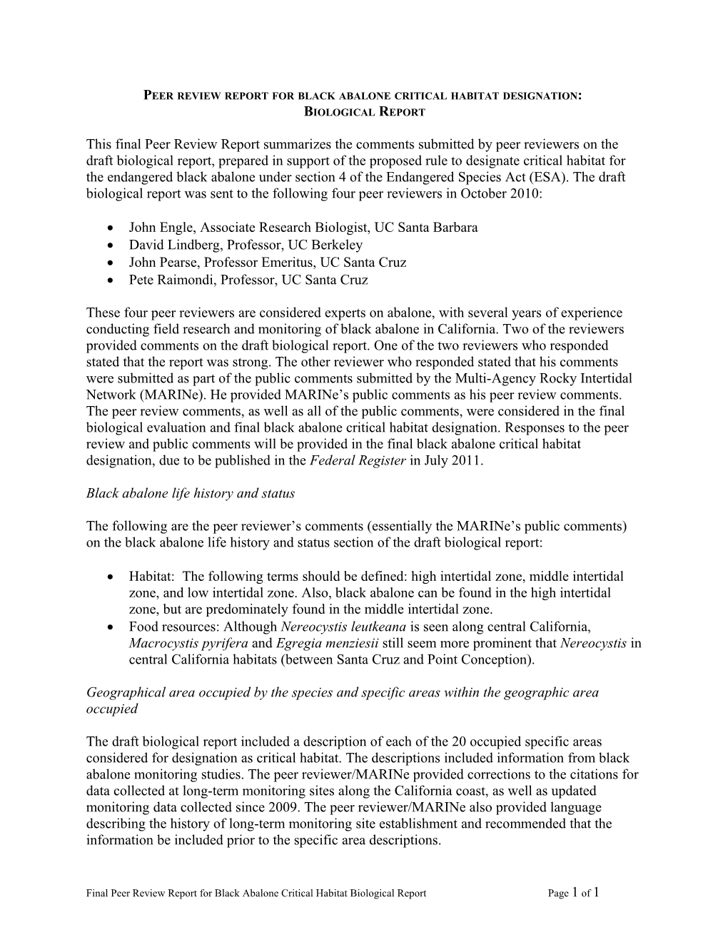 Peer Review Report Forblack Abalone Critical Habitat Designation
