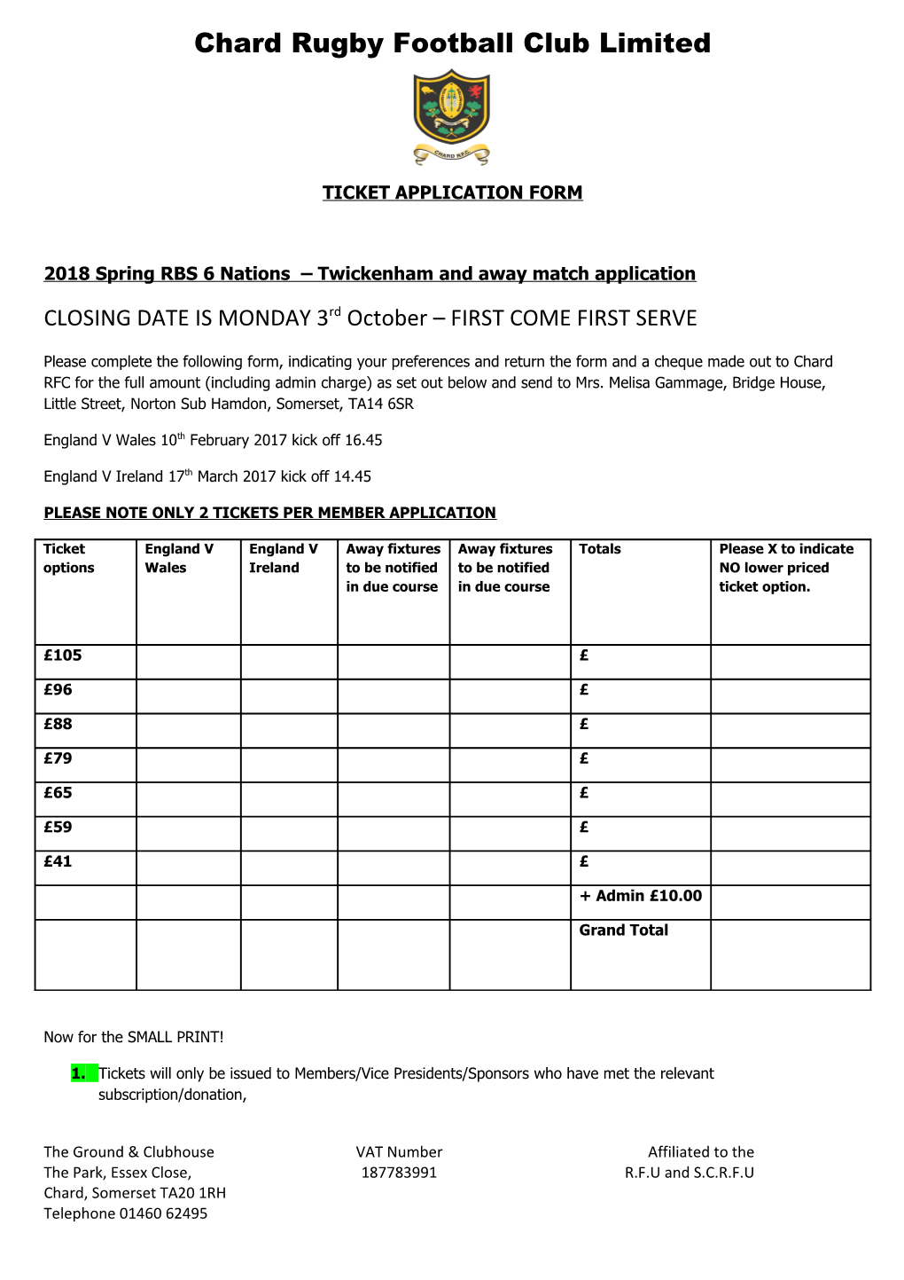 2018Spring RBS 6 Nations Twickenham and Away Match Application