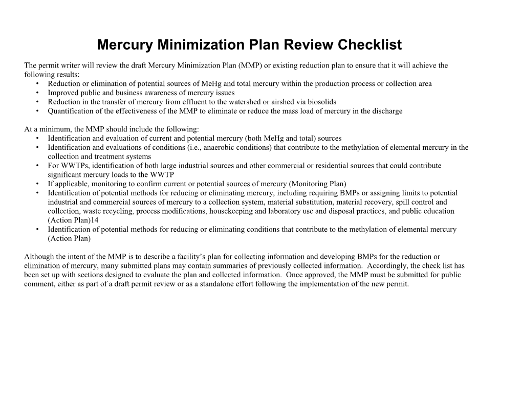 Methylmercury Minimization Plan Checklist