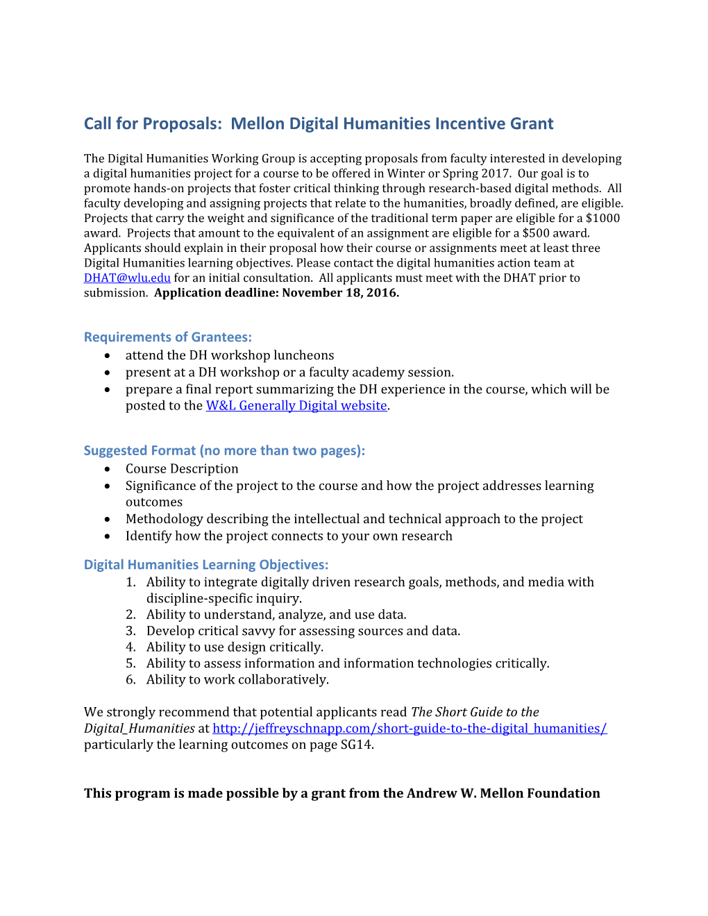 Call for Proposals: Mellon Digital Humanities Incentive Grant