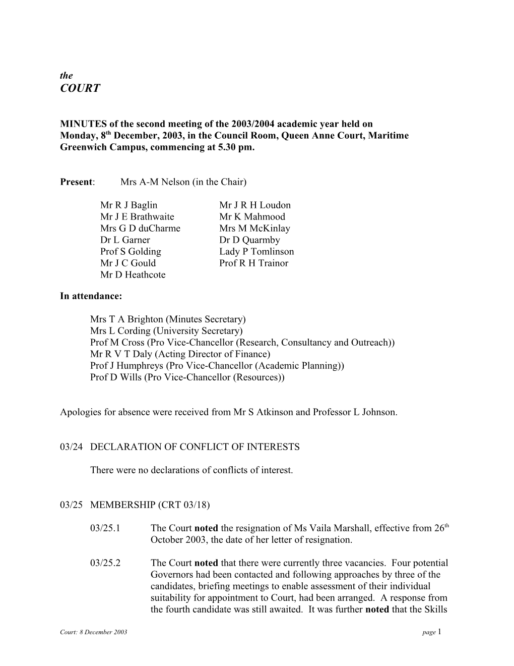 MINUTES of the Second Meeting of the 2003/2004 Academic Year Held On