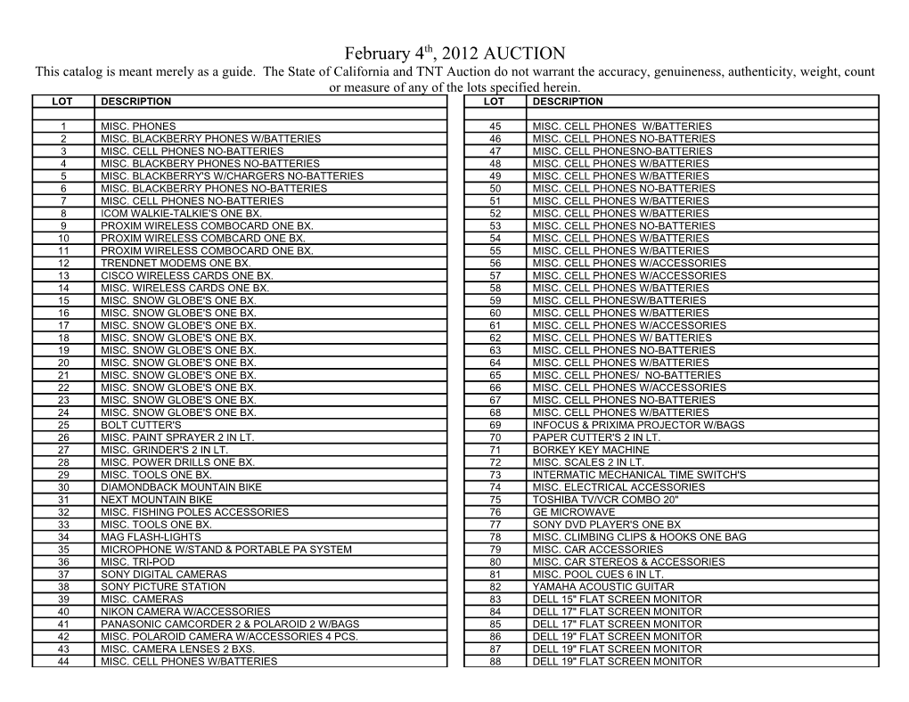 February 4Th, 2012 AUCTION This Catalog Is Meant Merely As a Guide. the State of California