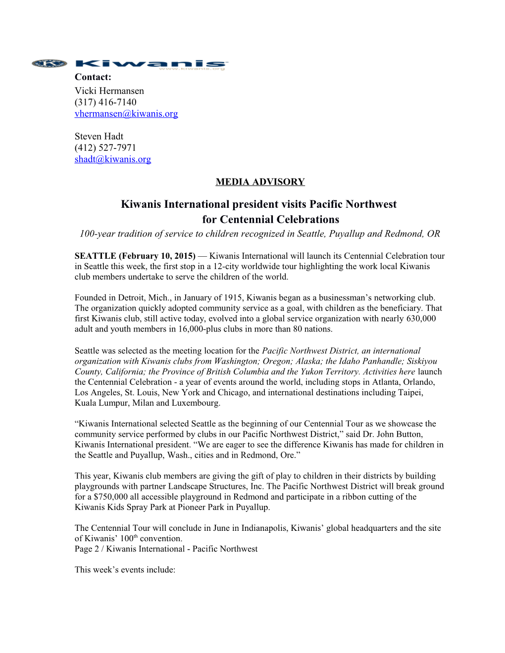 Kiwanis International President Visits Pacific Northwest for Centennial Celebrations