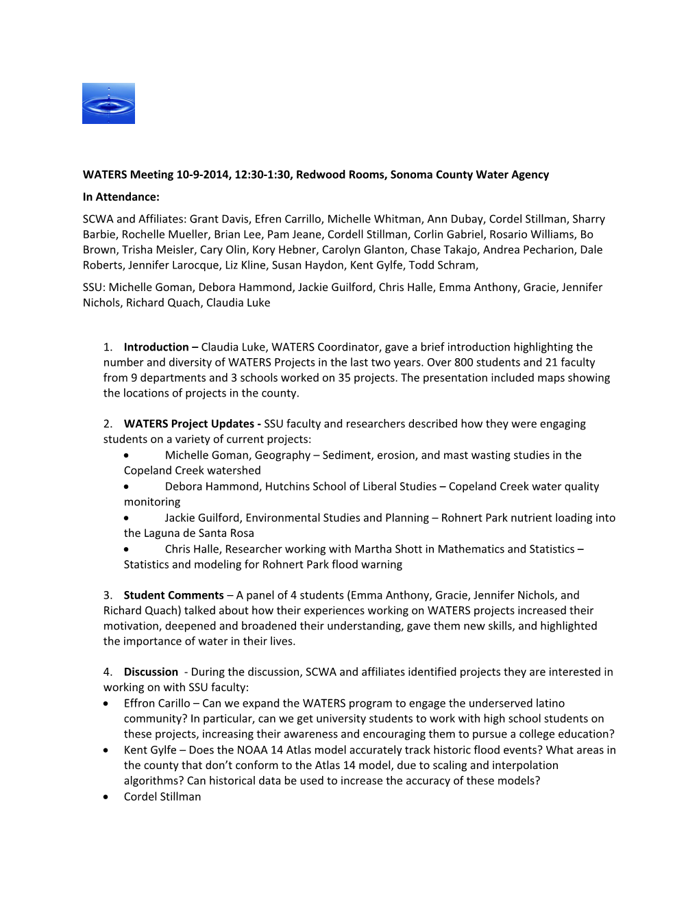 WATERS Meeting 10-9-2014, 12:30-1:30, Redwood Rooms, Sonoma County Water Agency