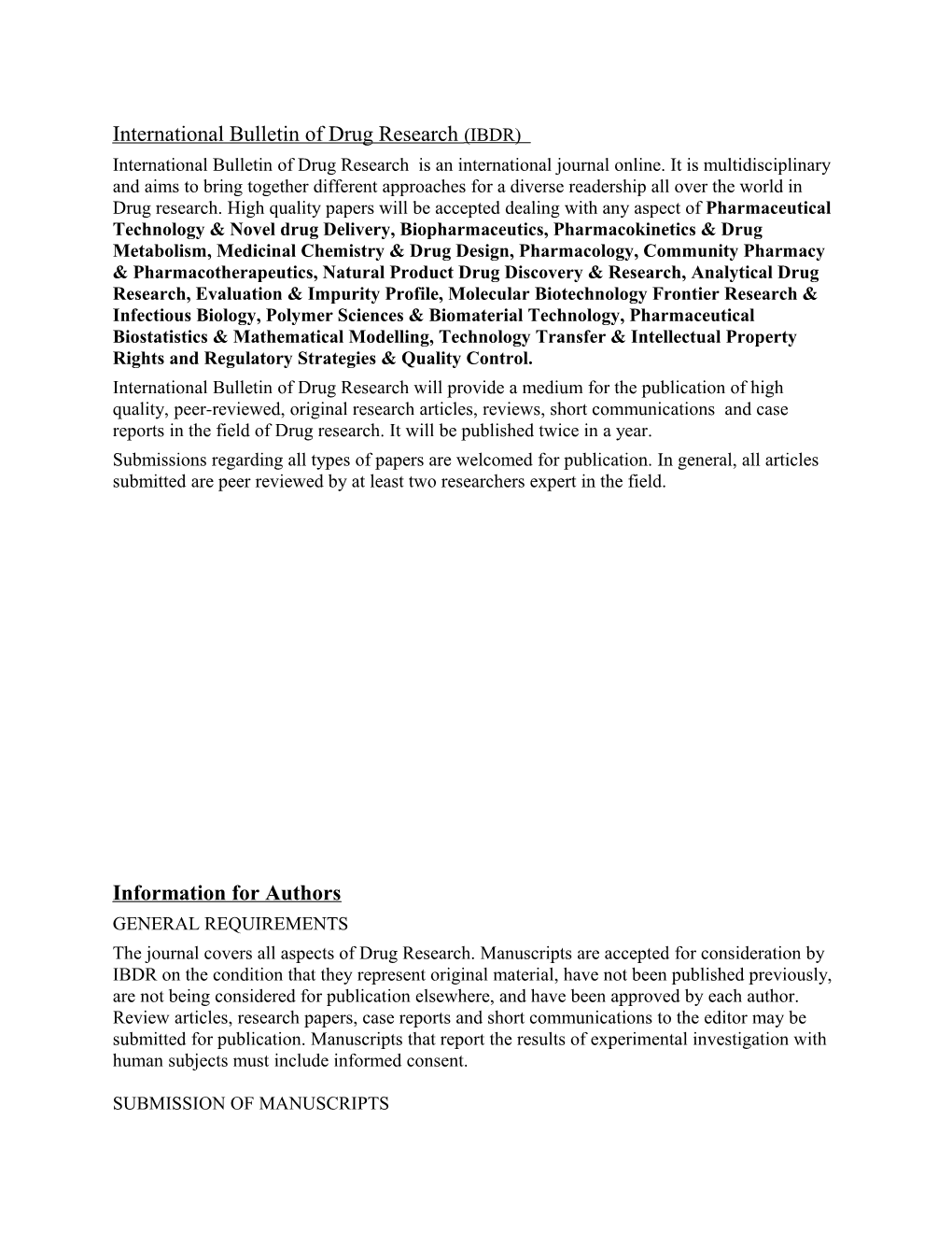 International Bulletin of Drug Research (IBDR)