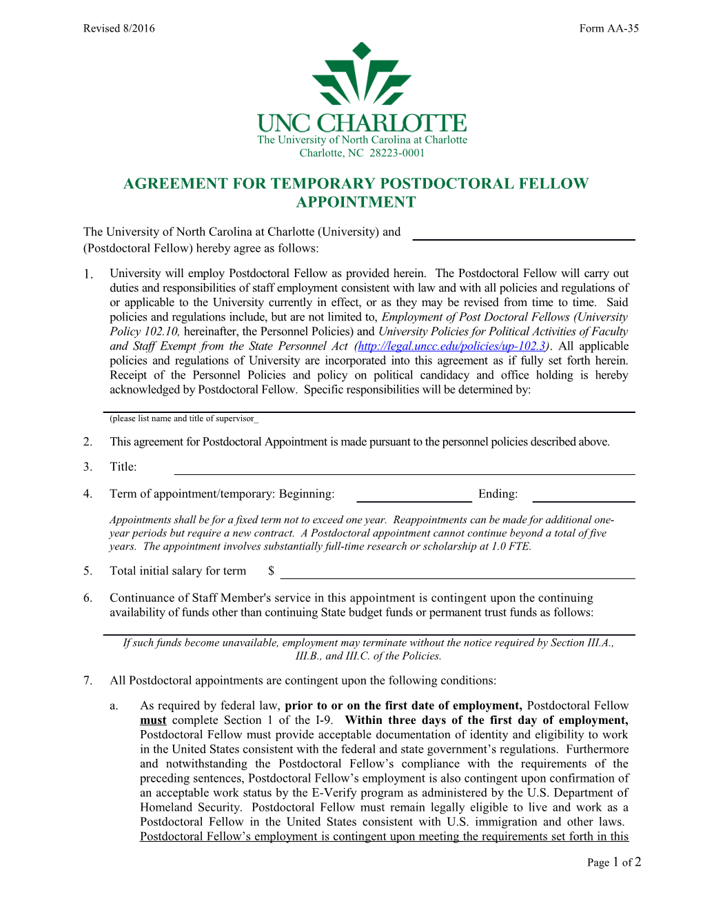 Agreement for Temporary Postdoctoral Fellow Appointment